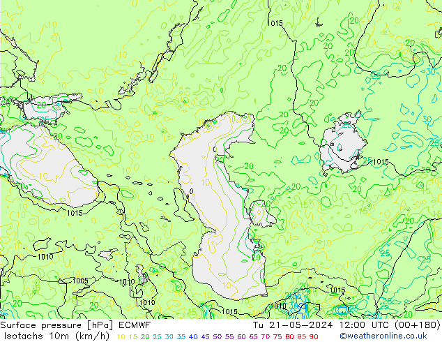 Isotachs (kph) ECMWF вт 21.05.2024 12 UTC