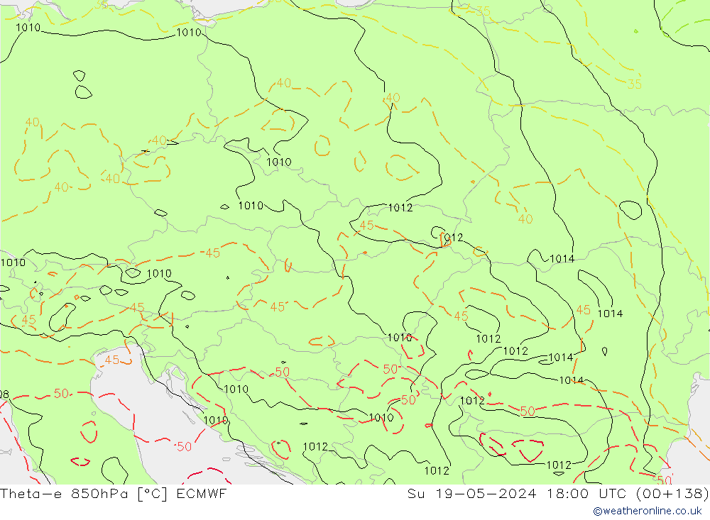 Theta-e 850hPa ECMWF zo 19.05.2024 18 UTC