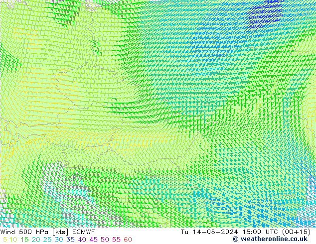 Wind 500 hPa ECMWF Tu 14.05.2024 15 UTC