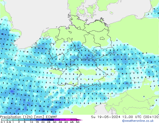 Precipitation (12h) ECMWF Su 19.05.2024 00 UTC