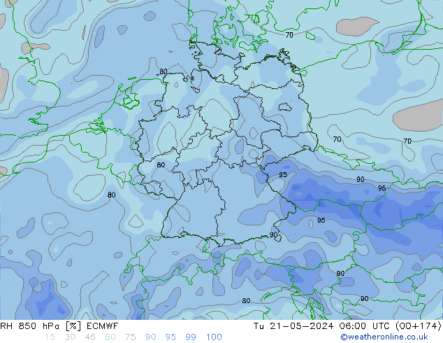 Humidité rel. 850 hPa ECMWF mar 21.05.2024 06 UTC