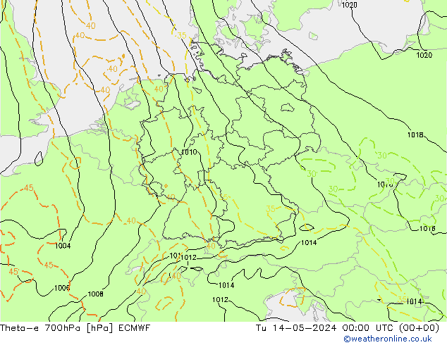 Theta-e 700hPa ECMWF mar 14.05.2024 00 UTC