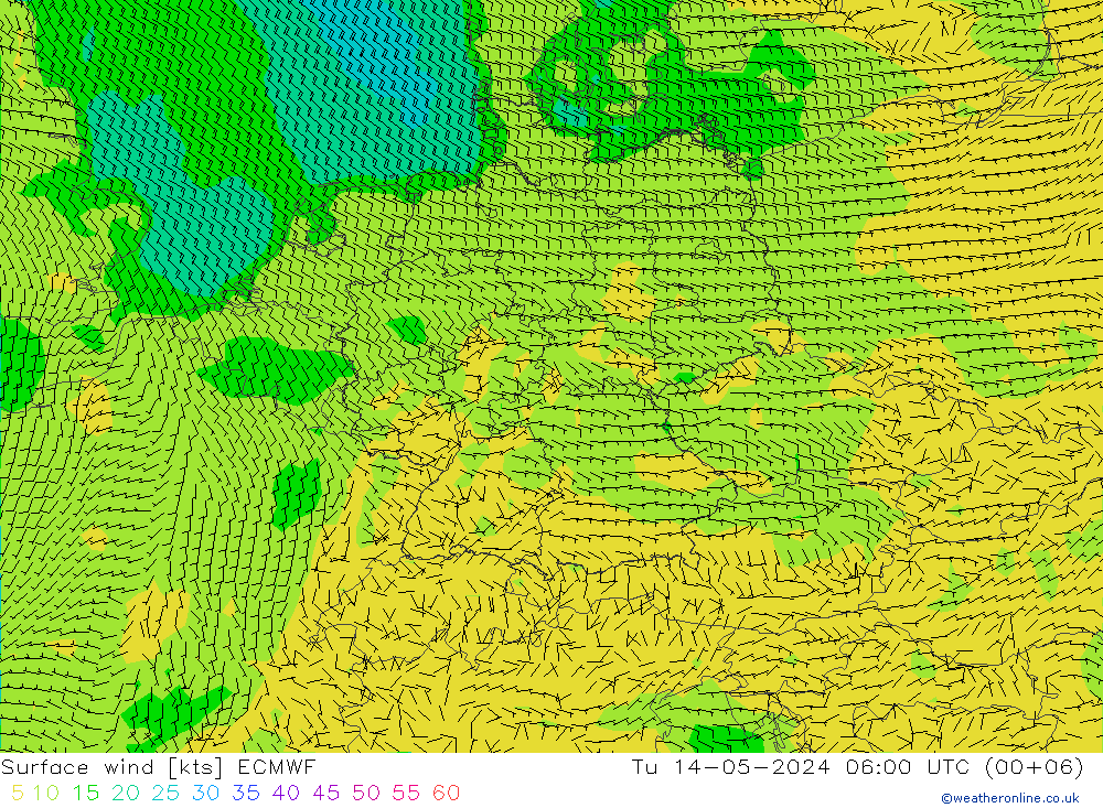 Prec 6h/Wind 10m/950 ECMWF mar 14.05.2024 06 UTC
