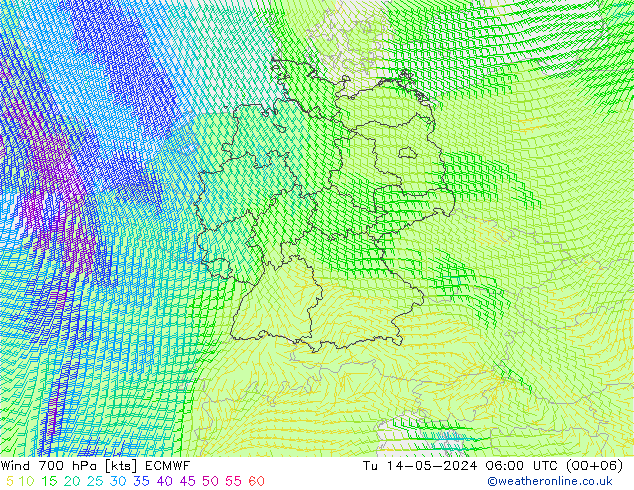 风 700 hPa ECMWF 星期二 14.05.2024 06 UTC