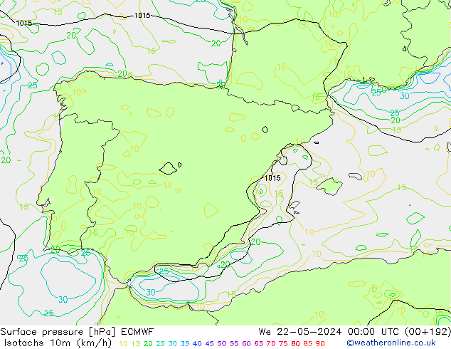 Isotachs (kph) ECMWF We 22.05.2024 00 UTC