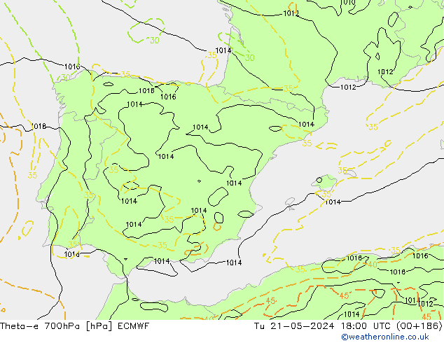 Theta-e 700hPa ECMWF Tu 21.05.2024 18 UTC