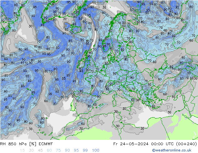 Humidité rel. 850 hPa ECMWF ven 24.05.2024 00 UTC