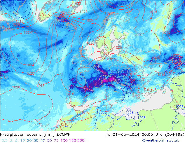 Precipitation accum. ECMWF Tu 21.05.2024 00 UTC