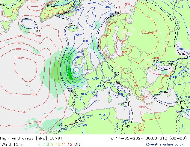 High wind areas ECMWF 星期二 14.05.2024 00 UTC
