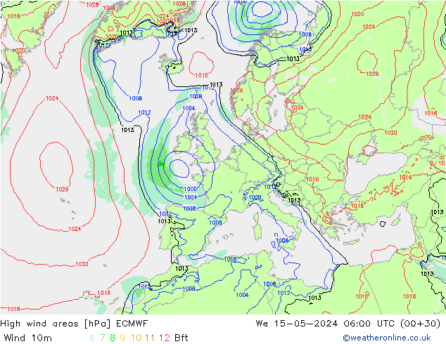 High wind areas ECMWF We 15.05.2024 06 UTC