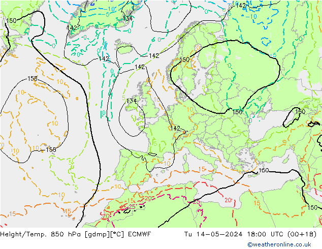 Z500/Yağmur (+YB)/Z850 ECMWF Sa 14.05.2024 18 UTC