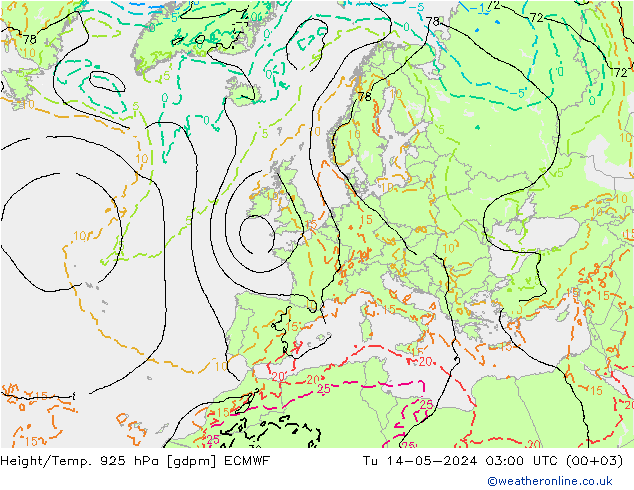 Height/Temp. 925 hPa ECMWF Tu 14.05.2024 03 UTC