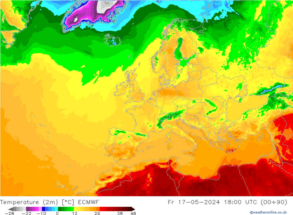 température (2m) ECMWF ven 17.05.2024 18 UTC
