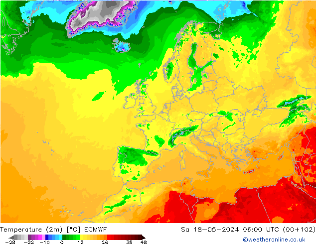 Temperatuurkaart (2m) ECMWF za 18.05.2024 06 UTC