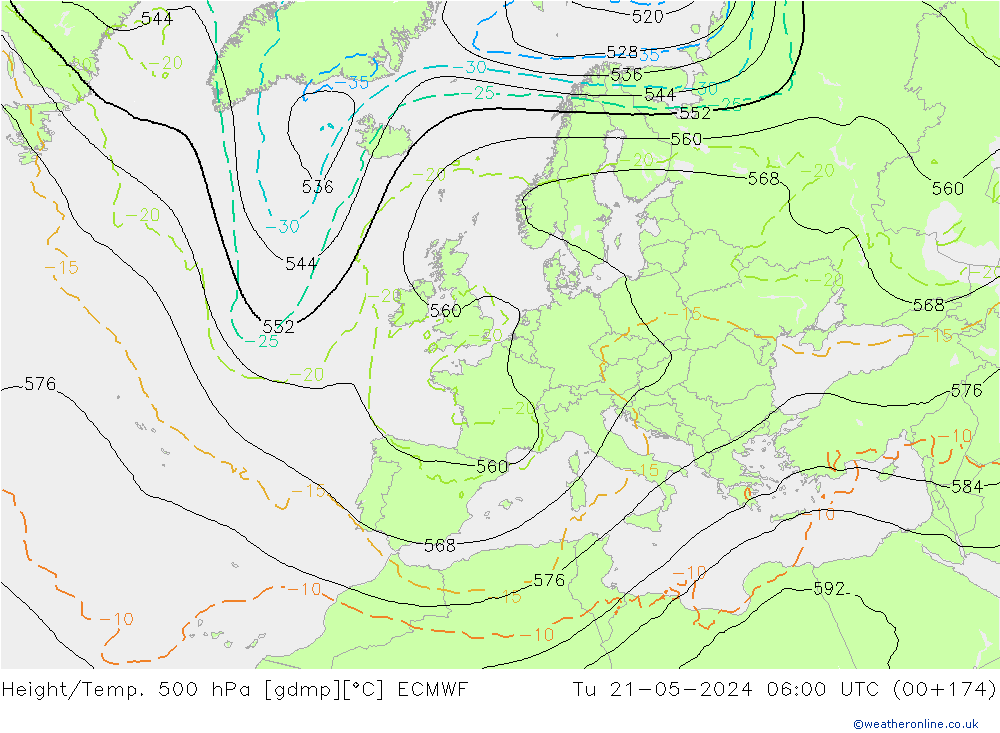 Height/Temp. 500 hPa ECMWF Di 21.05.2024 06 UTC