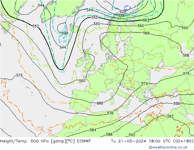 Z500/Rain (+SLP)/Z850 ECMWF Di 21.05.2024 18 UTC