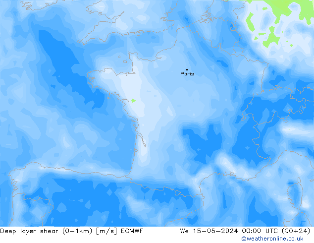 Deep layer shear (0-1km) ECMWF ср 15.05.2024 00 UTC