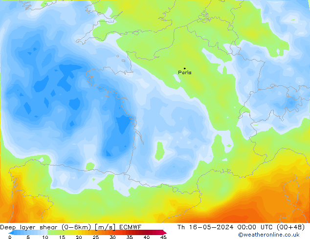 Deep layer shear (0-6km) ECMWF do 16.05.2024 00 UTC