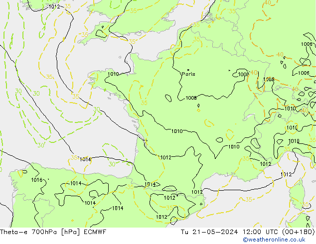 Theta-e 700hPa ECMWF mar 21.05.2024 12 UTC