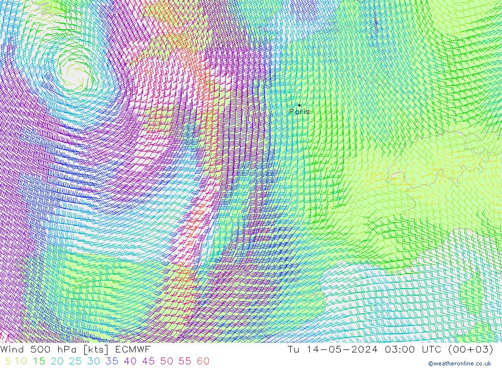 Wind 500 hPa ECMWF di 14.05.2024 03 UTC