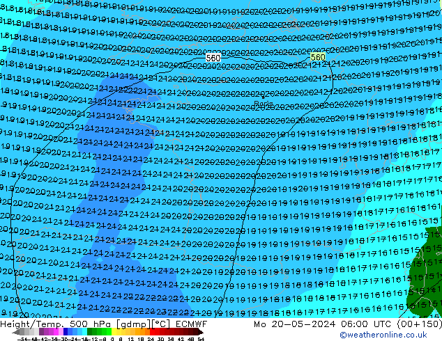 Z500/Rain (+SLP)/Z850 ECMWF пн 20.05.2024 06 UTC