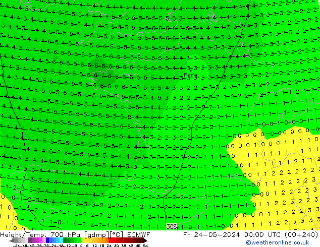 Hoogte/Temp. 700 hPa ECMWF vr 24.05.2024 00 UTC