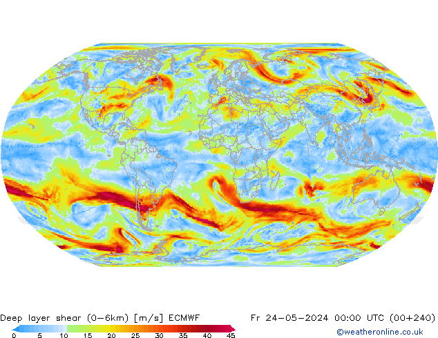 Deep layer shear (0-6km) ECMWF Fr 24.05.2024 00 UTC