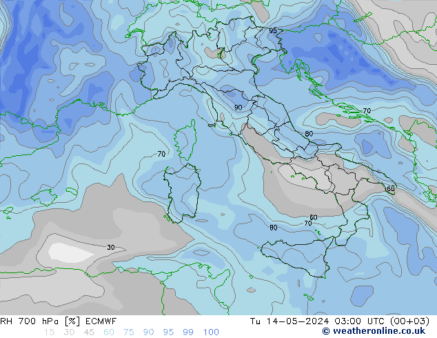 RH 700 hPa ECMWF Tu 14.05.2024 03 UTC