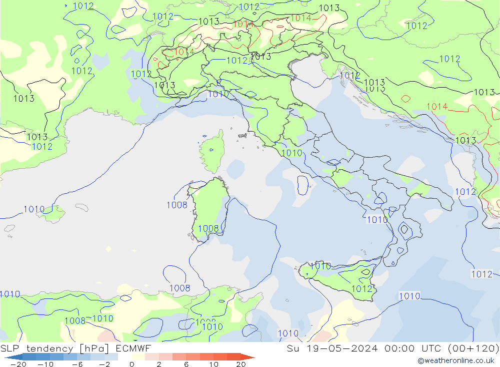 Druktendens (+/-) ECMWF zo 19.05.2024 00 UTC