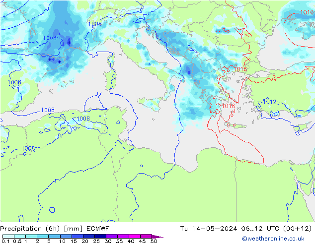 Precipitation (6h) ECMWF Út 14.05.2024 12 UTC