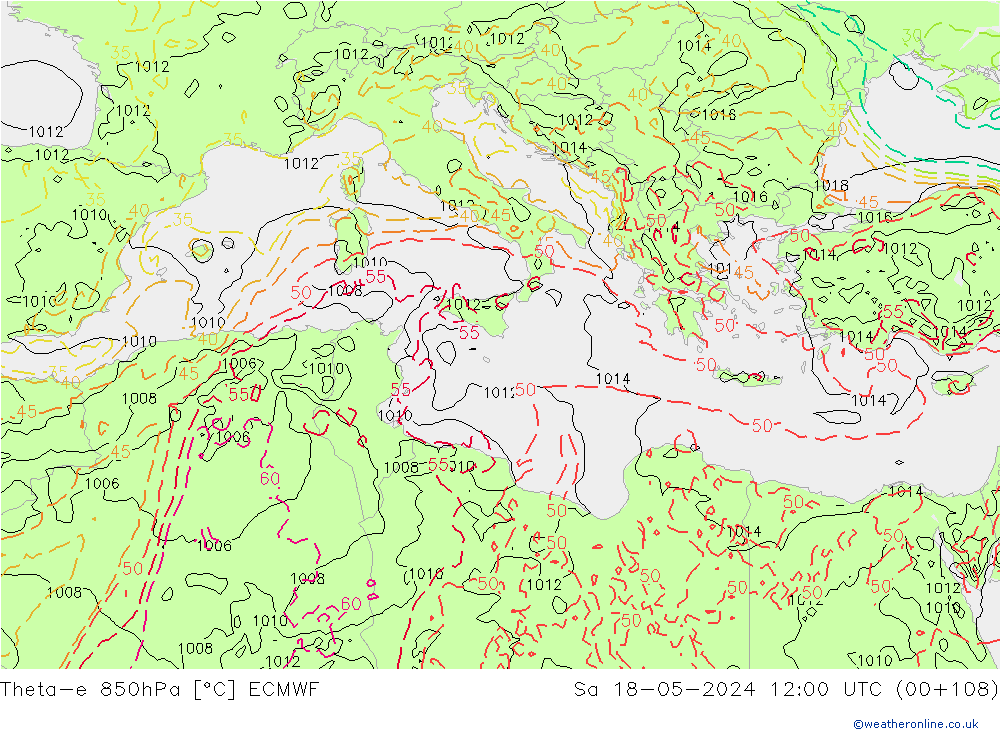 Theta-e 850hPa ECMWF sab 18.05.2024 12 UTC