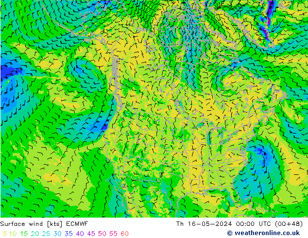 Surface wind ECMWF Čt 16.05.2024 00 UTC