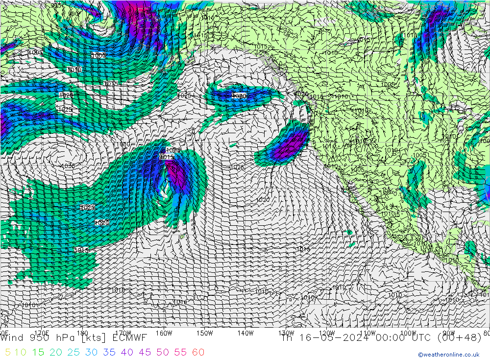 Vento 950 hPa ECMWF Qui 16.05.2024 00 UTC