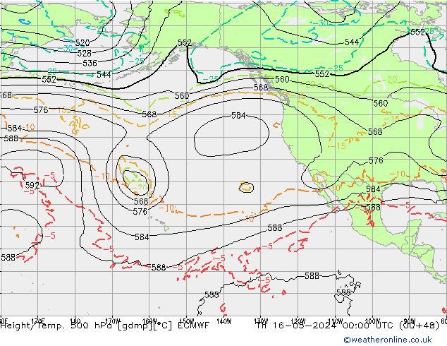 Z500/Rain (+SLP)/Z850 ECMWF Čt 16.05.2024 00 UTC