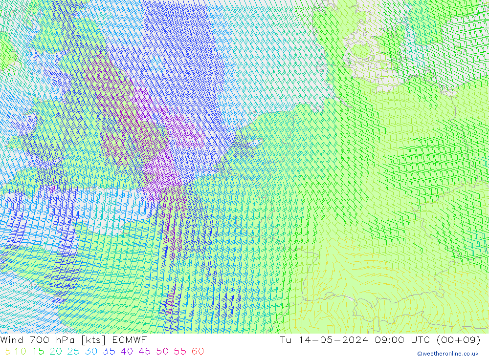 Wind 700 hPa ECMWF Di 14.05.2024 09 UTC