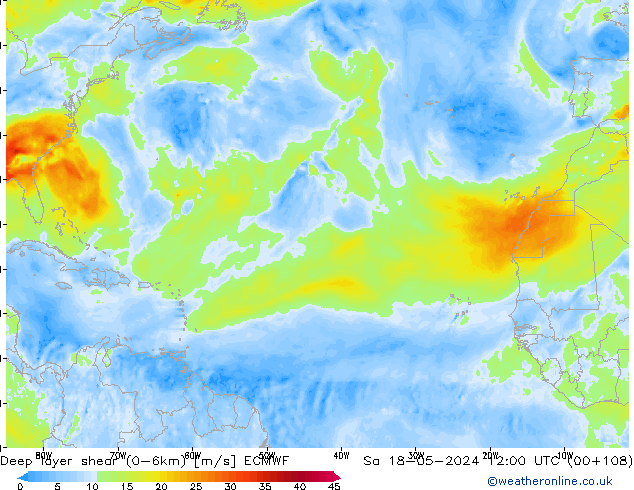 Deep layer shear (0-6km) ECMWF sab 18.05.2024 12 UTC
