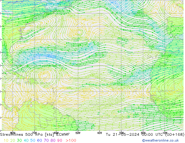 ветер 500 гПа ECMWF вт 21.05.2024 00 UTC