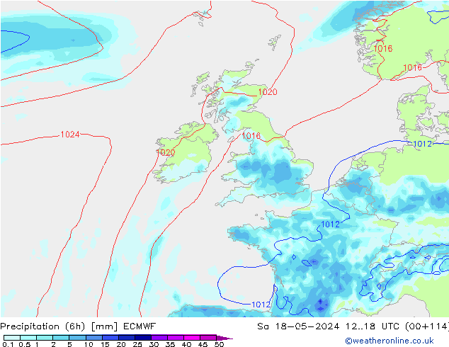 Precipitation (6h) ECMWF Sa 18.05.2024 18 UTC