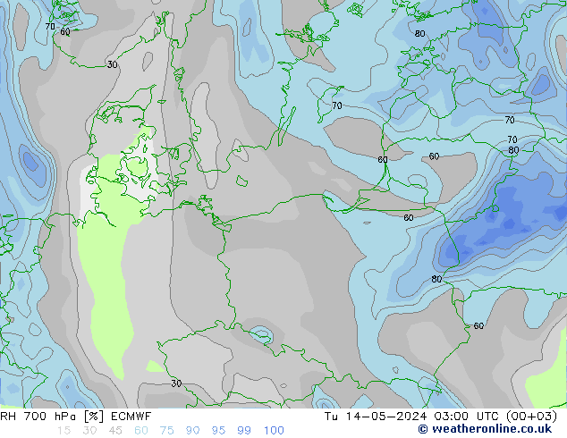 Humidité rel. 700 hPa ECMWF mar 14.05.2024 03 UTC
