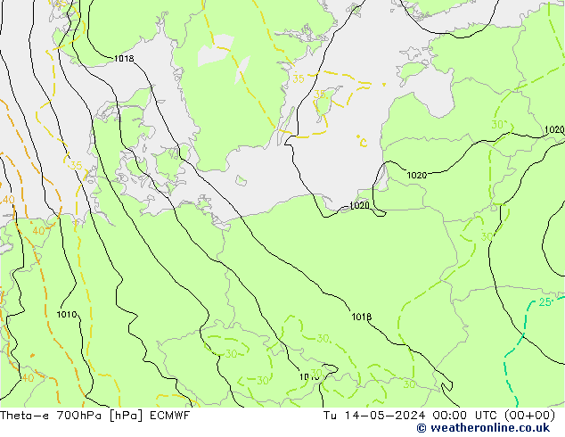 Theta-e 700hPa ECMWF Tu 14.05.2024 00 UTC