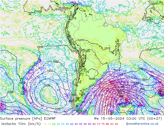 Isotaca (kph) ECMWF mié 15.05.2024 03 UTC