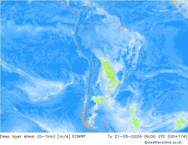 Deep layer shear (0-1km) ECMWF mar 21.05.2024 06 UTC