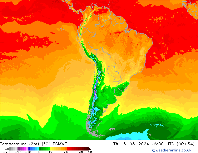 Temperatuurkaart (2m) ECMWF do 16.05.2024 06 UTC