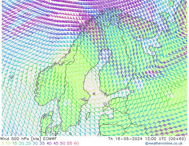Wind 500 hPa ECMWF Čt 16.05.2024 12 UTC