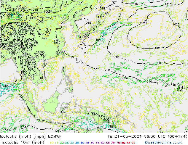 Isotachs (mph) ECMWF mar 21.05.2024 06 UTC