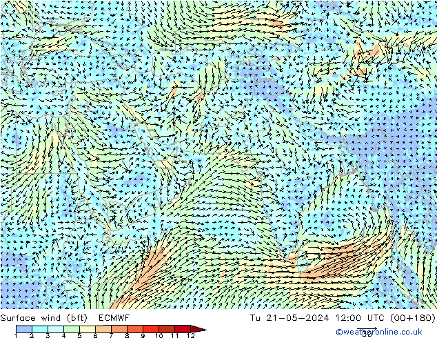 Wind 10 m (bft) ECMWF di 21.05.2024 12 UTC