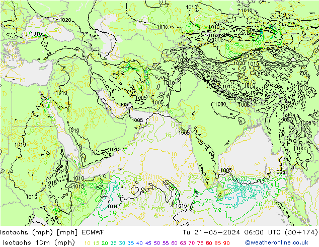 Isotachs (mph) ECMWF вт 21.05.2024 06 UTC
