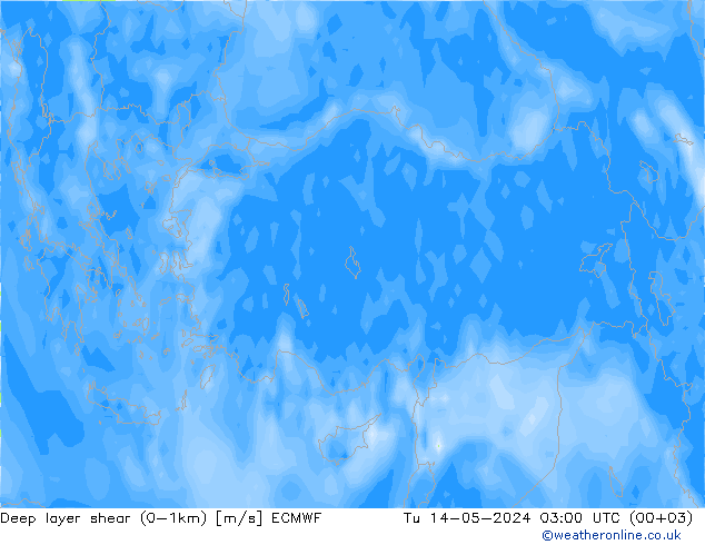 Deep layer shear (0-1km) ECMWF mar 14.05.2024 03 UTC