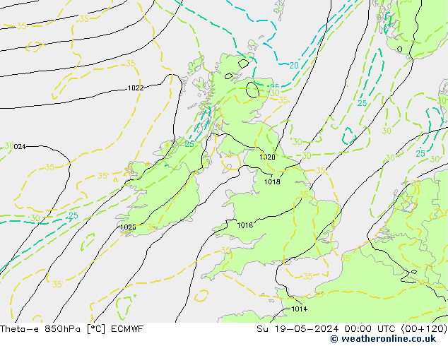 Theta-e 850hPa ECMWF Su 19.05.2024 00 UTC