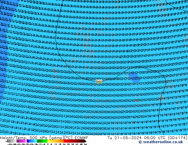 Height/Temp. 500 гПа ECMWF вт 21.05.2024 06 UTC